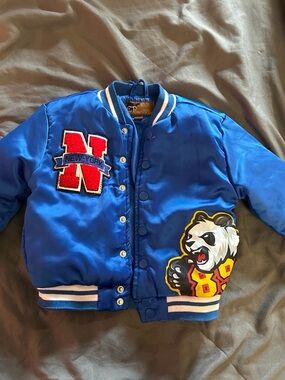 Dry Goods Kids Royal Blue Varsity Puffer Jacket with Panda Patch